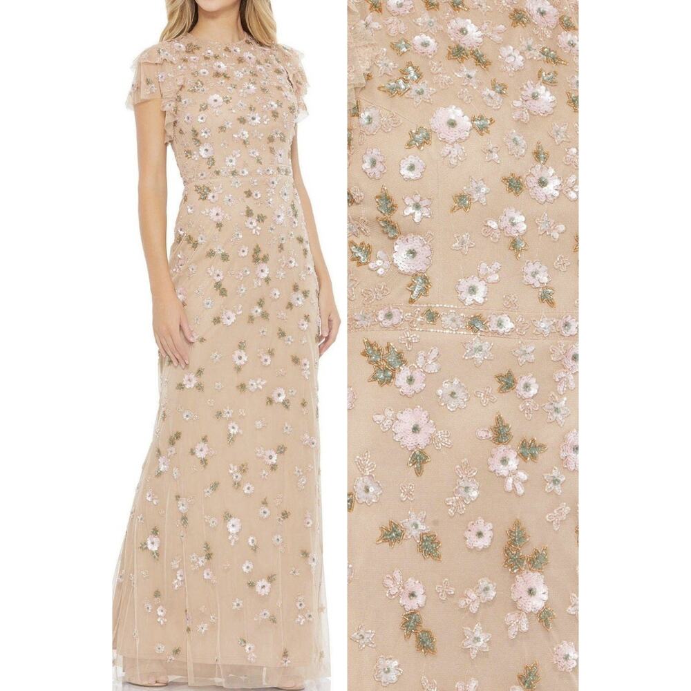 Mac Duggal 9086 Embellished High Neck Flutter Sleeve Gown Size 12 Nude Multi NWT